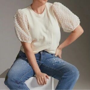 Maeve by Anthropologie Ivory Sheer Puff Short Sleeve Shirt Top - Womens Small